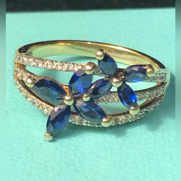 BLUE SAPPHIRE Lab Created Real Diamond Accent Gold Plated Butterfly Ring - Picture 6 of 6